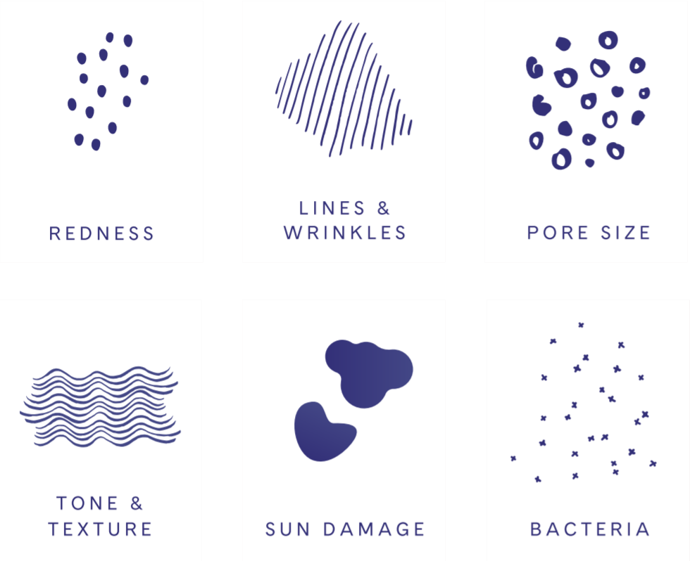 Examples of redness, lines and wrinkles, pore size, tone and texture, sun damage, bacteria